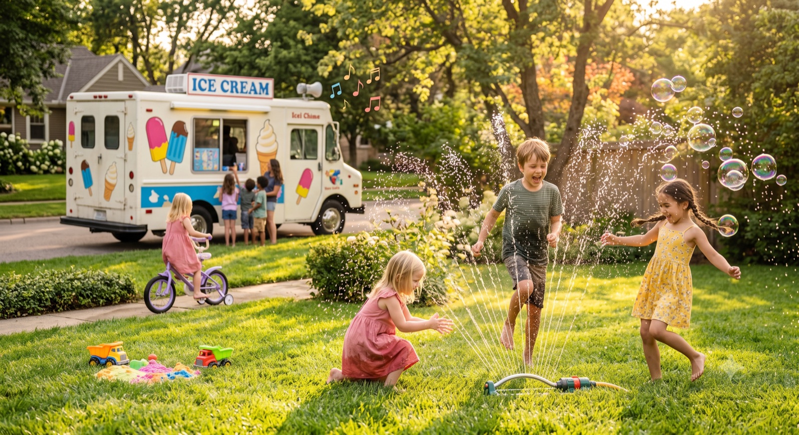 Kids playing in a sprinkler on a summer lawn while an ice cream truck stops on the street behind them