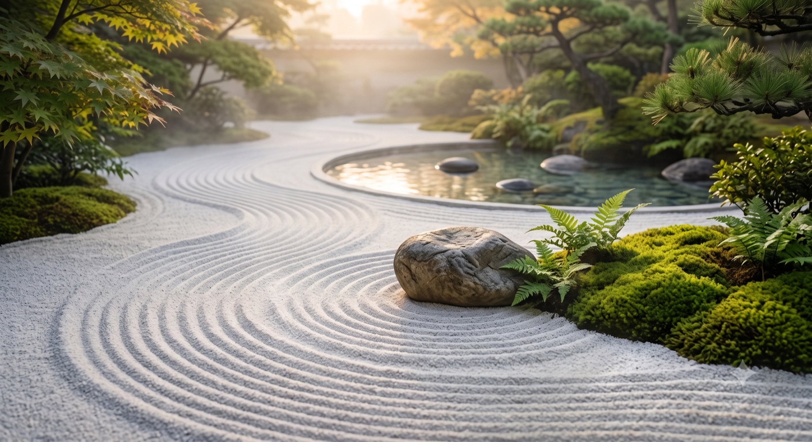 A raked zen garden at golden hour — smooth curved lines of gravel around a single stone