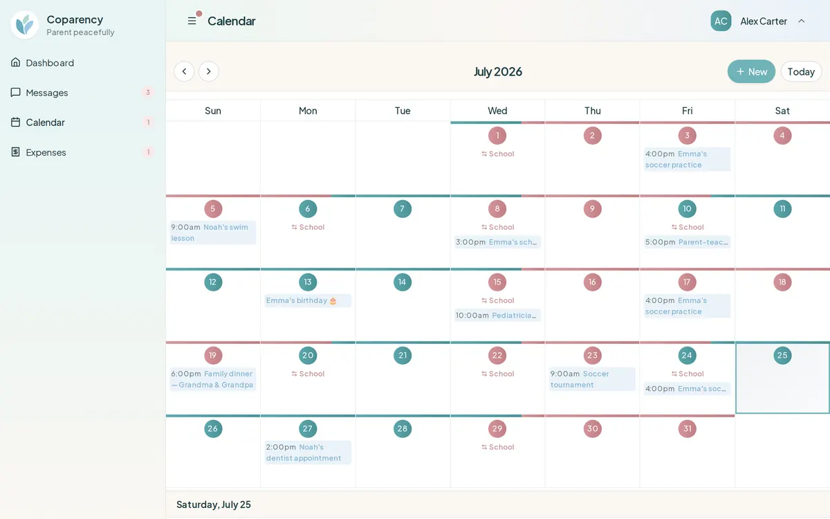 Coparency shared custody calendar showing parenting time and events