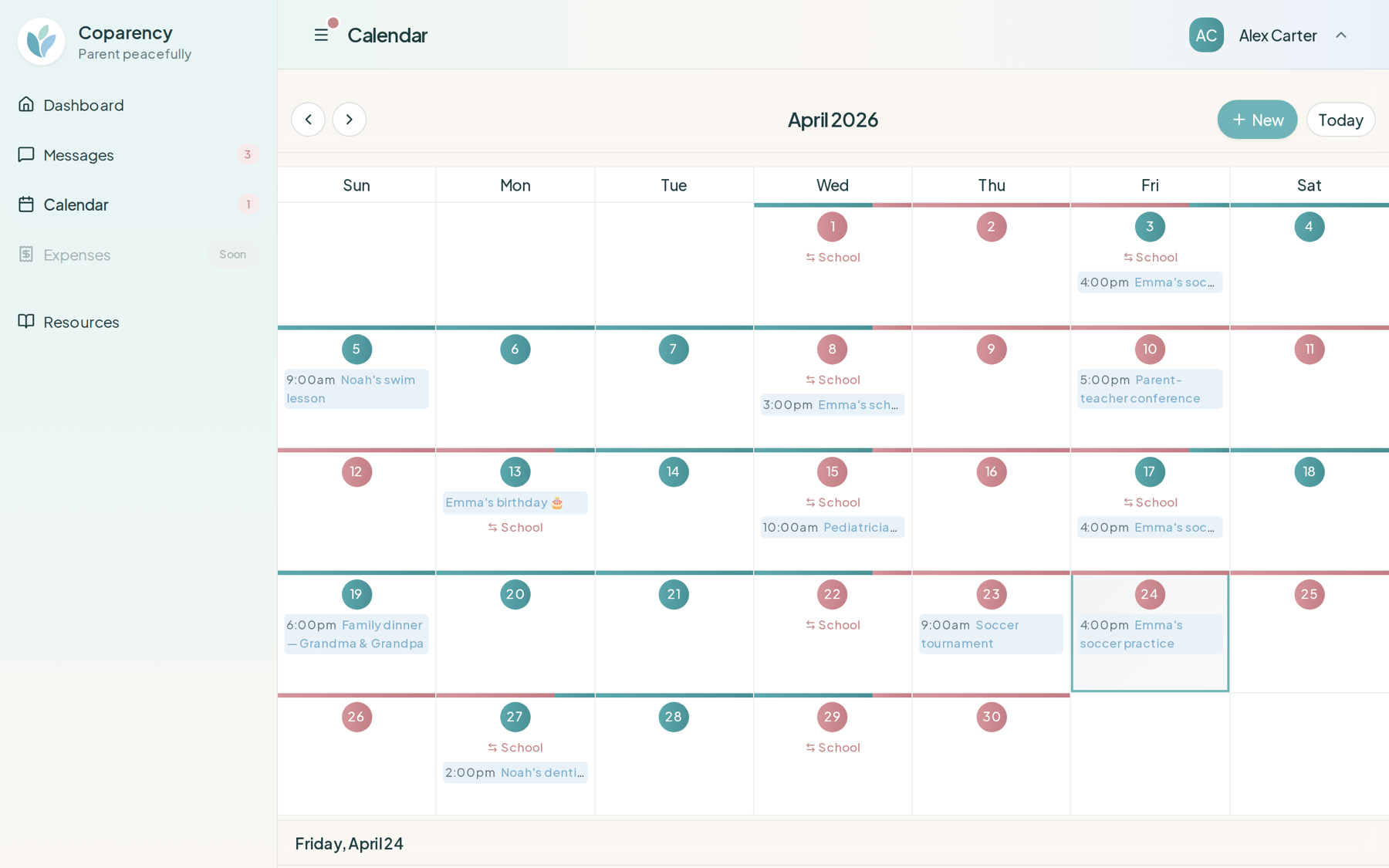 Coparency calendar — month view with color-coded events, exchanges, and school breaks