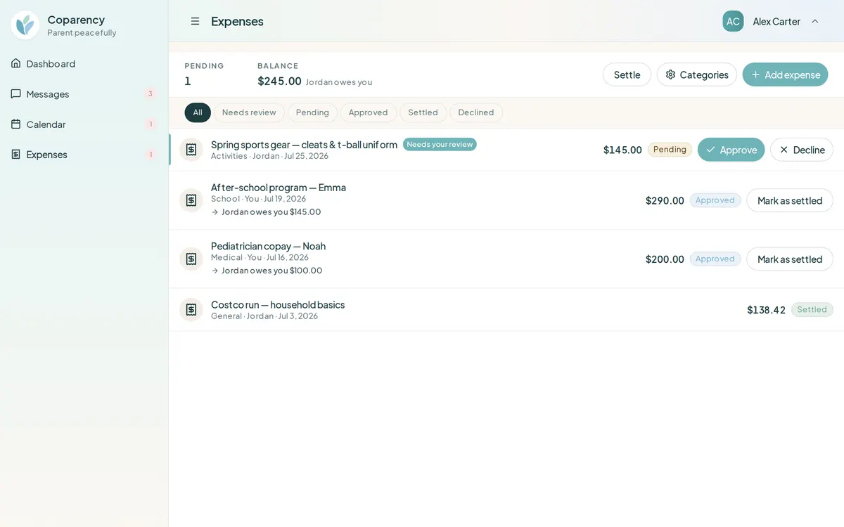 Coparency expense tracking with rule-based splits and receipts