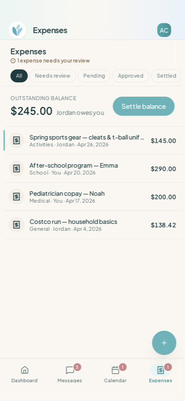 Coparency expenses on iPhone — outstanding balance, settle balance button, and the running list of expenses with statuses