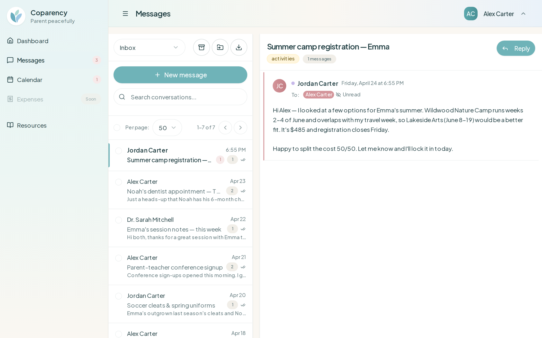 Coparency Messages inbox where Peacekeeper AI composes, protects, and surfaces insights