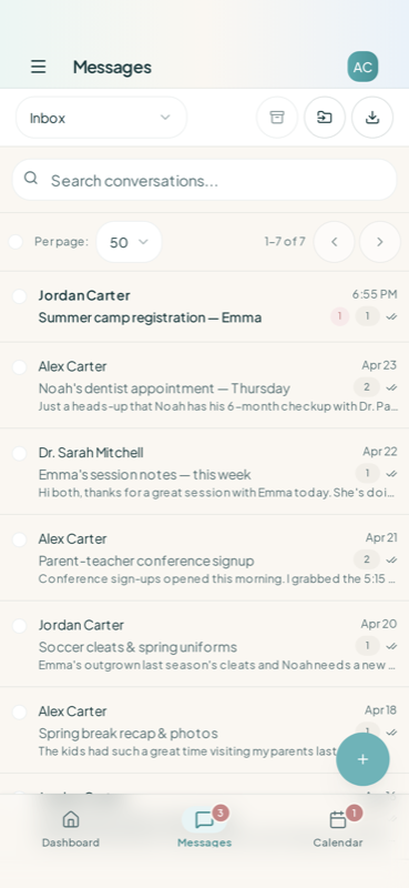 Coparency messages inbox on iPhone — conversations with a co-parent and a professional