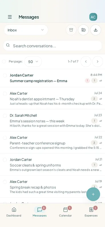 Coparency messaging on iPhone, with Peacekeeper AI tone feedback on a draft