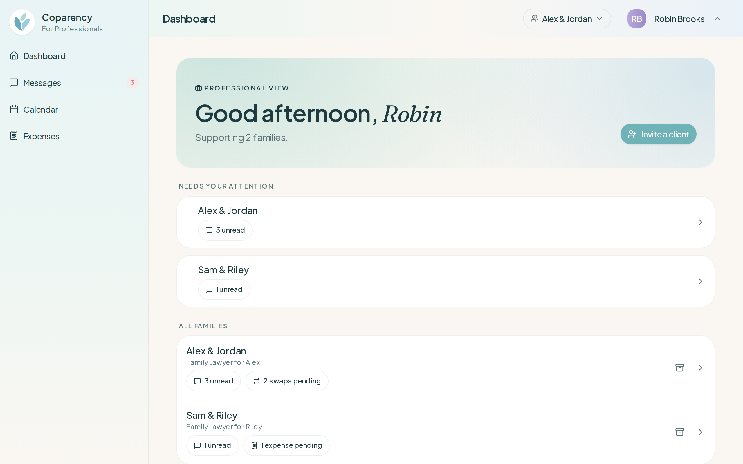 Coparency professional dashboard in demo mode — a professional view supporting two sample families (Alex & Jordan, Sam & Riley) with unread messages, pending swaps and expenses, and an Invite a client button
