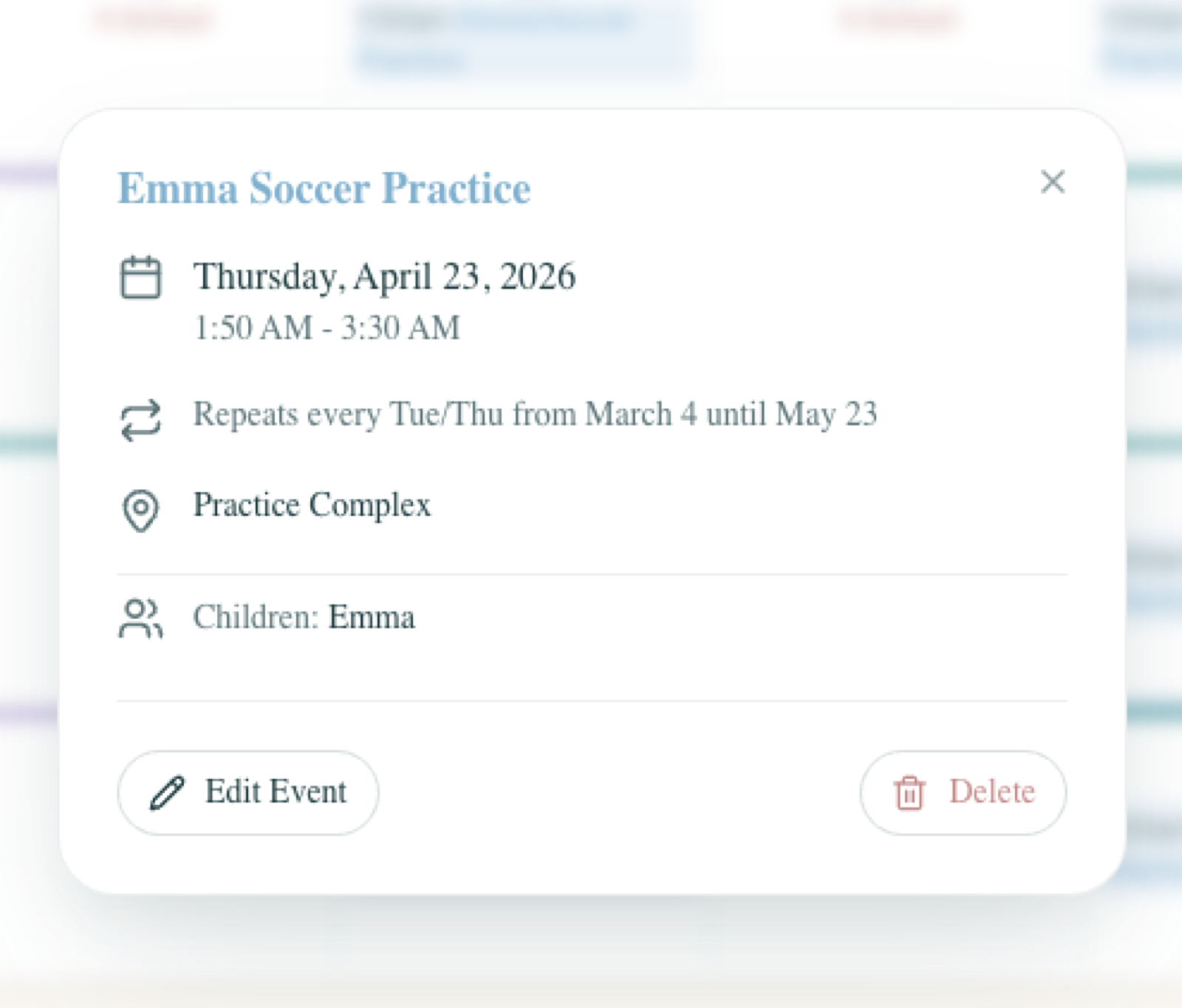 Event details popover — Emma Soccer Practice with date, recurring schedule, location, and which children it applies to