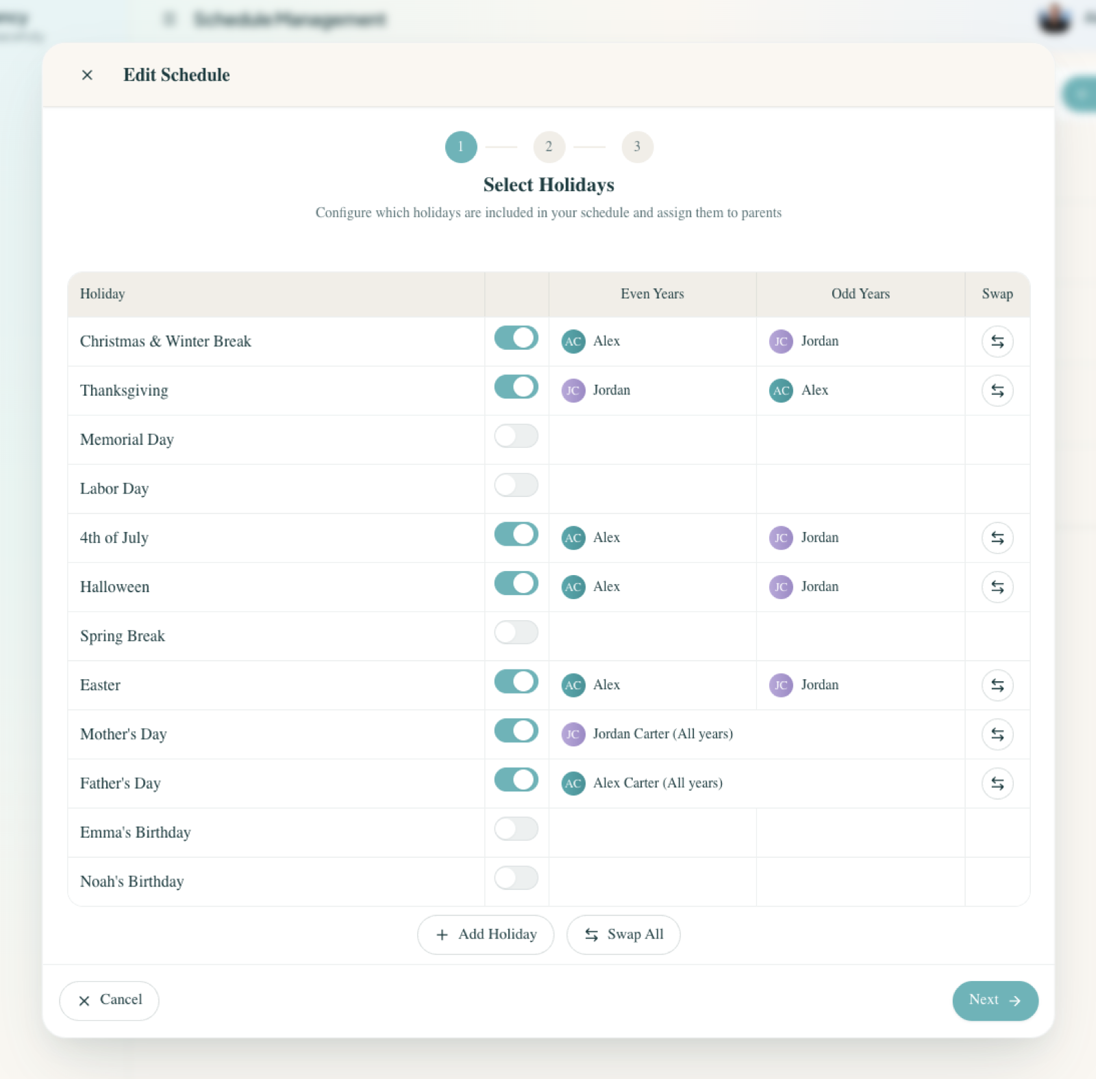 Select Holidays step — toggle each holiday on or off and assign it to a parent for even and odd years, with a swap shortcut per holiday