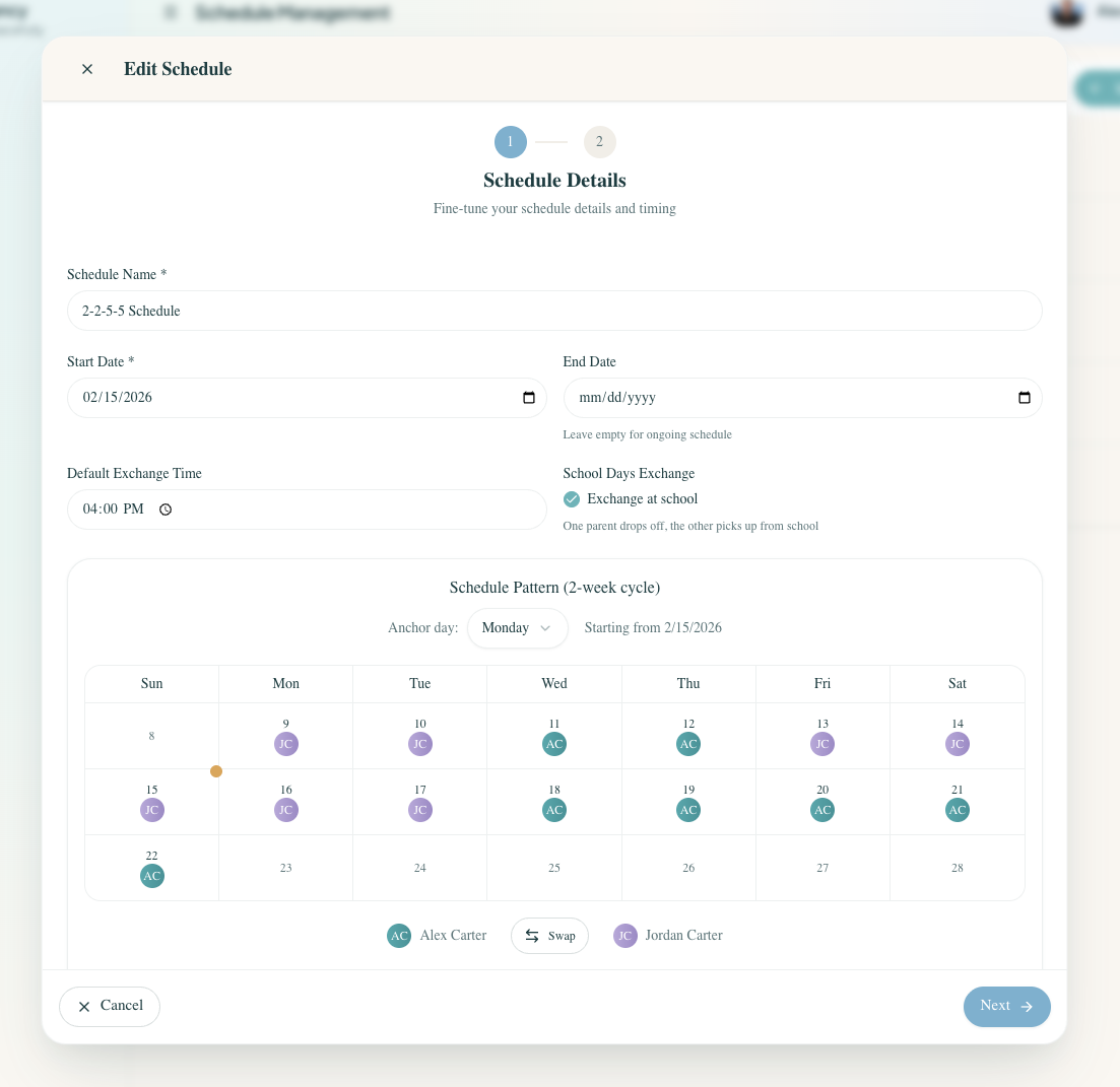 Edit Schedule modal — name, dates, default exchange time, and a 2-week schedule pattern grid showing days assigned to each parent