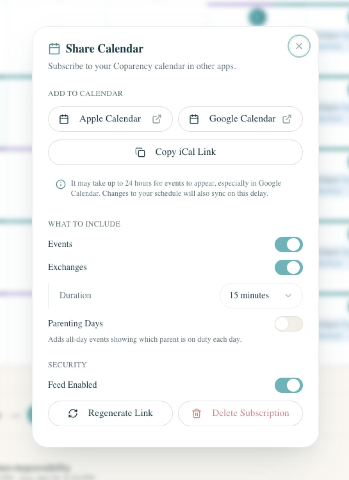 Share Calendar modal — subscribe via Apple Calendar, Google Calendar, or copy an iCal link, with toggles for events, exchanges, and parenting days