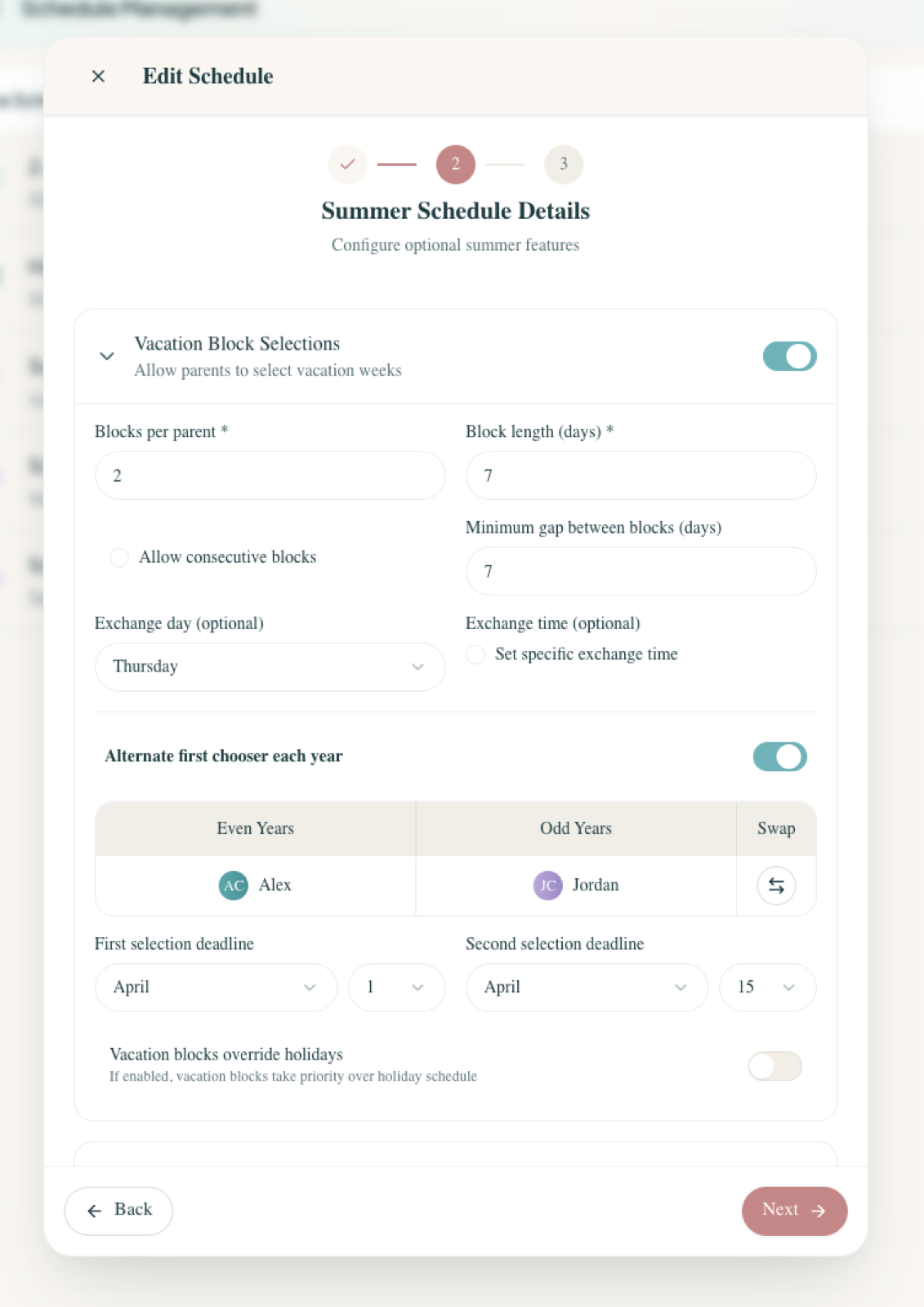 Summer Schedule Details modal — vacation block selections, blocks per parent, exchange day, alternating first chooser, and deadlines
