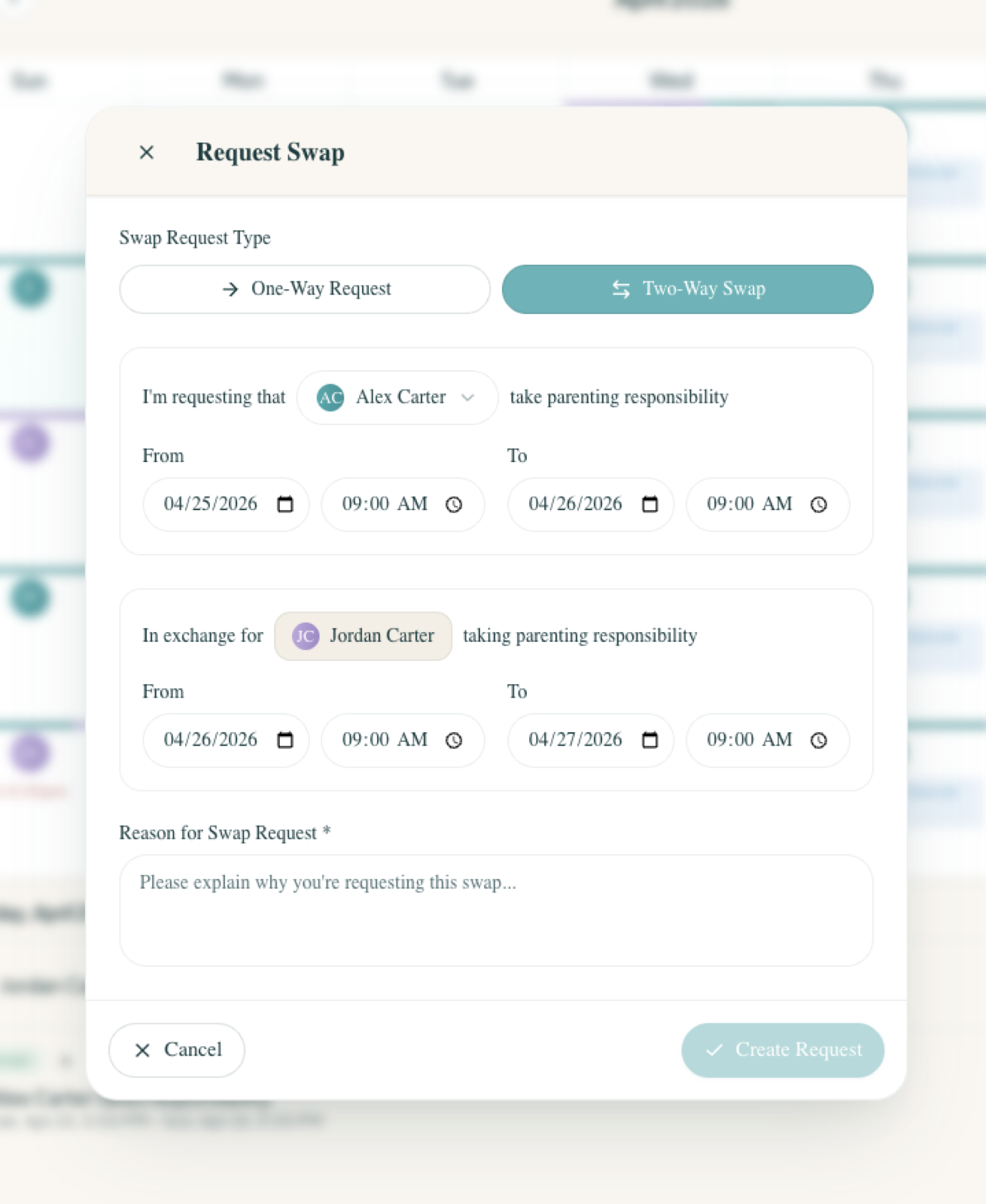 Request Swap modal — choose one-way or two-way swap, set the dates and times being traded, and provide a reason for the request