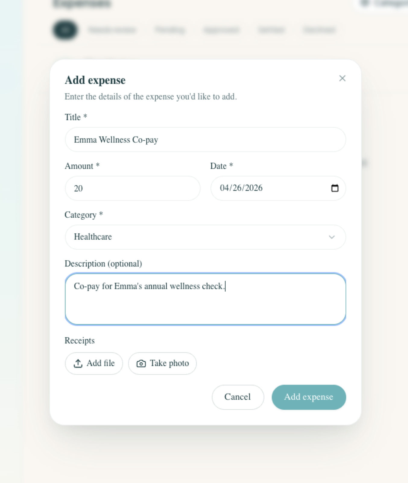 Add expense modal — title, amount, date, category, optional description, and optional file upload or photo for receipts