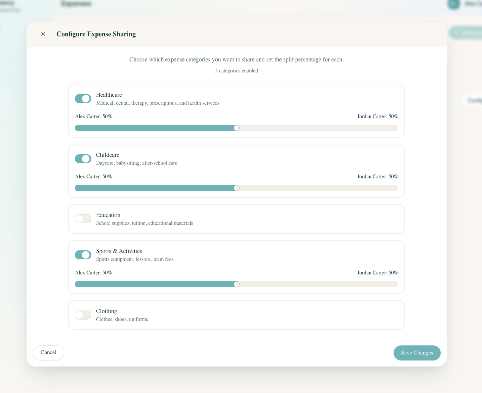 Configure Expense Sharing modal — toggle categories on or off (Healthcare, Childcare, Sports & Activities) and set the split percentage between each parent
