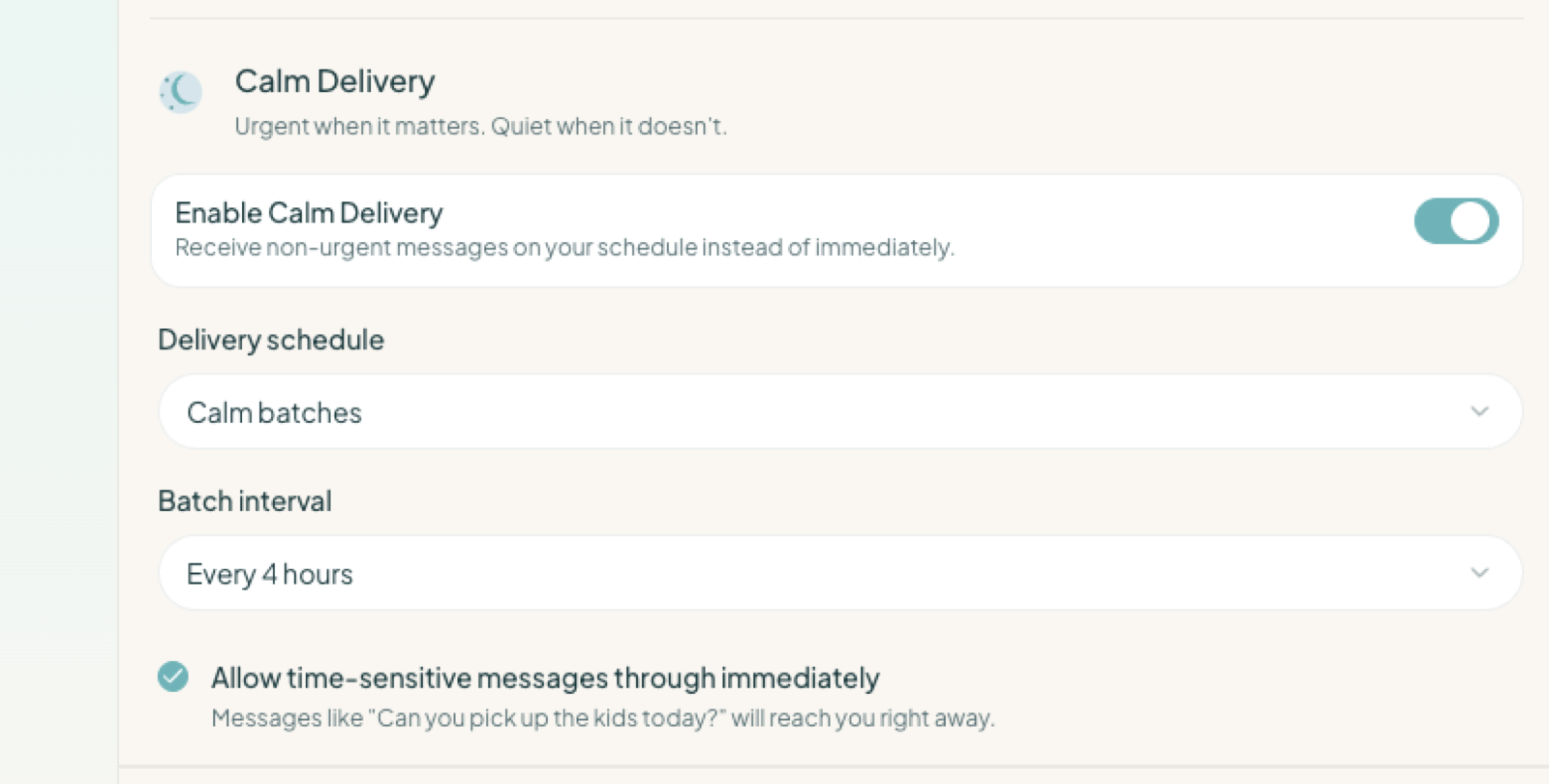 Calm Delivery settings panel — enable toggle, batch schedule, and a time-sensitive override