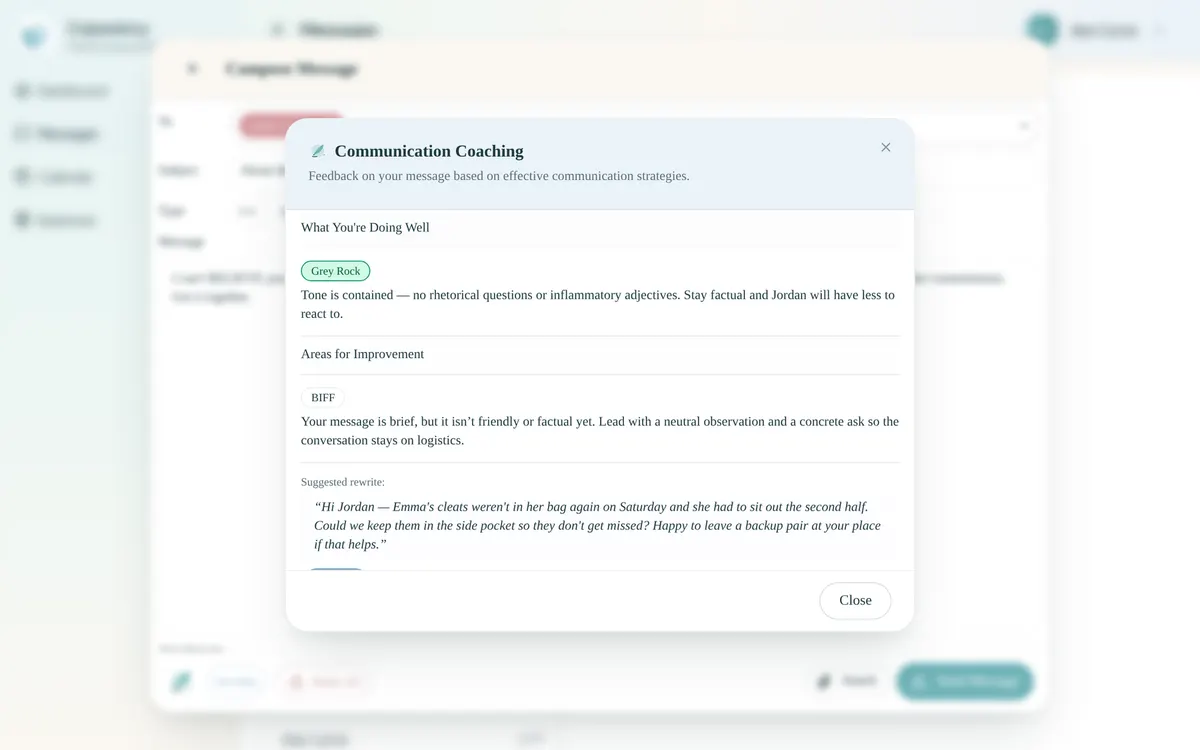 Peacekeeper AI coaching a message draft in Coparency, suggesting a calmer rewrite