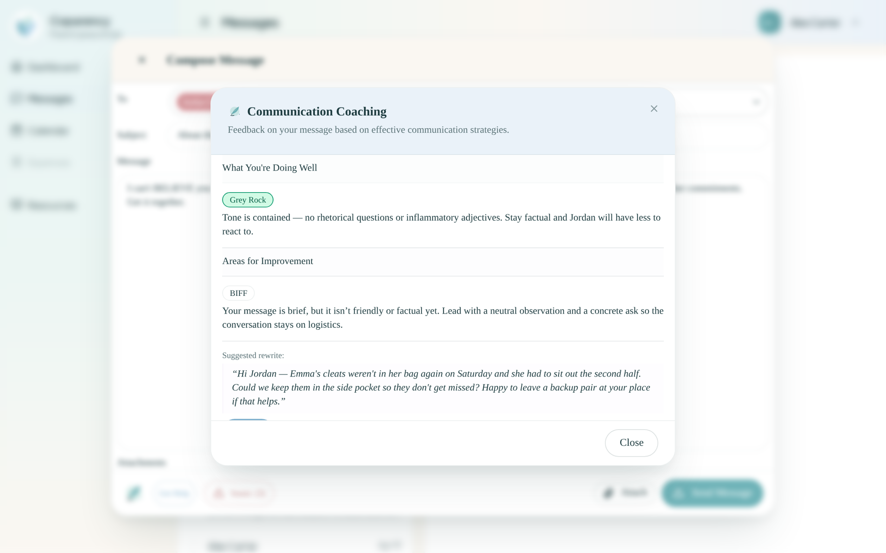 Communication Coaching dialog showing tone analysis and a Grey-Rock-style suggested rewrite