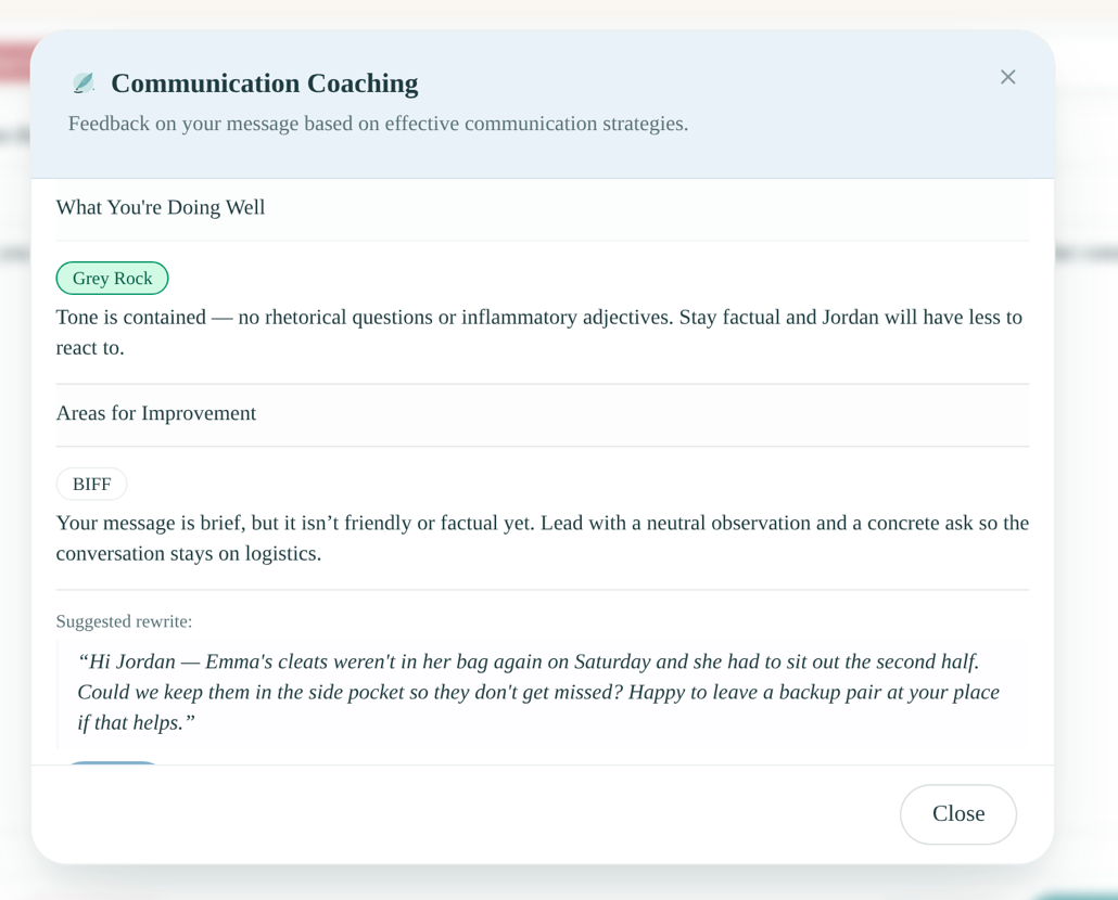 Communication Coaching dialog showing tone analysis and a suggested rewrite
