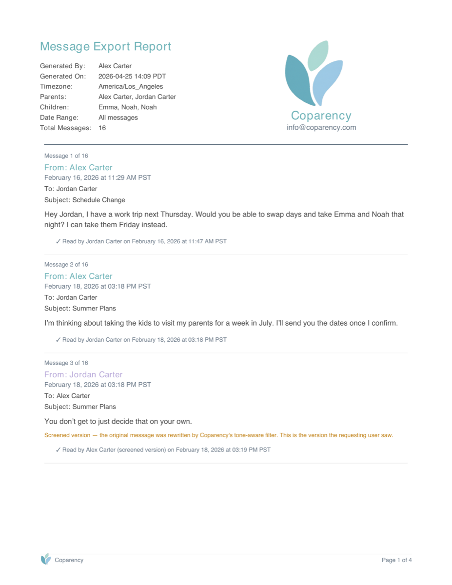 Message Export Report — exportable PDF summary of messages with sender, recipient, timestamp, subject, and read receipts