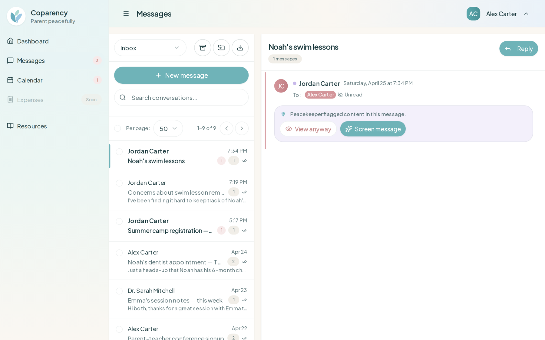 Inbox view with a hostile incoming message intercepted by Peacekeeper — same protection on emailed messages
