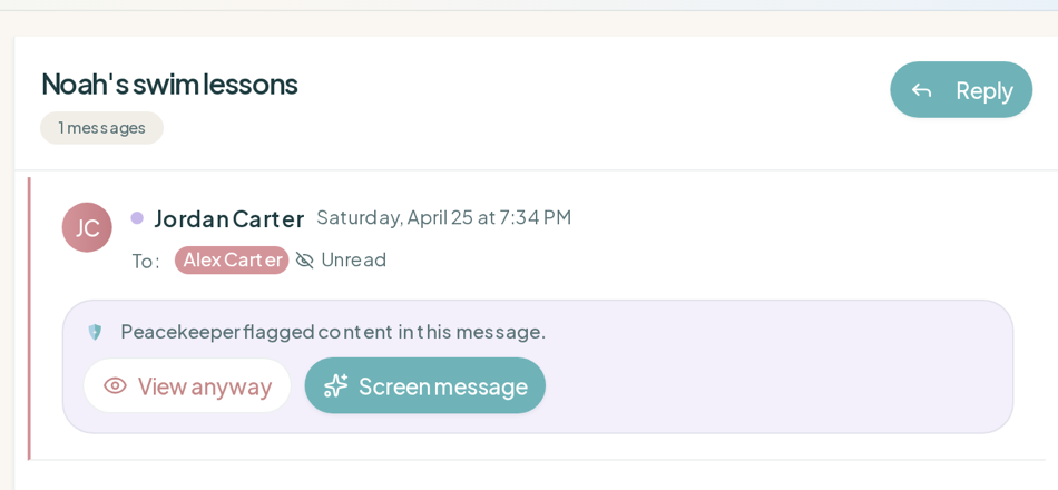 An incoming message intercepted by Peacekeeper — flagged content with the option to screen it or view anyway