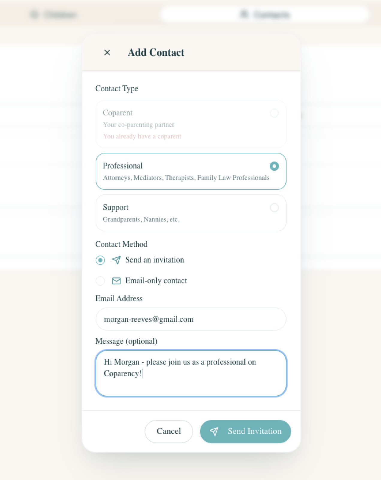 Add Contact modal with Professional selected — choose role type, send an invitation, and include an optional message