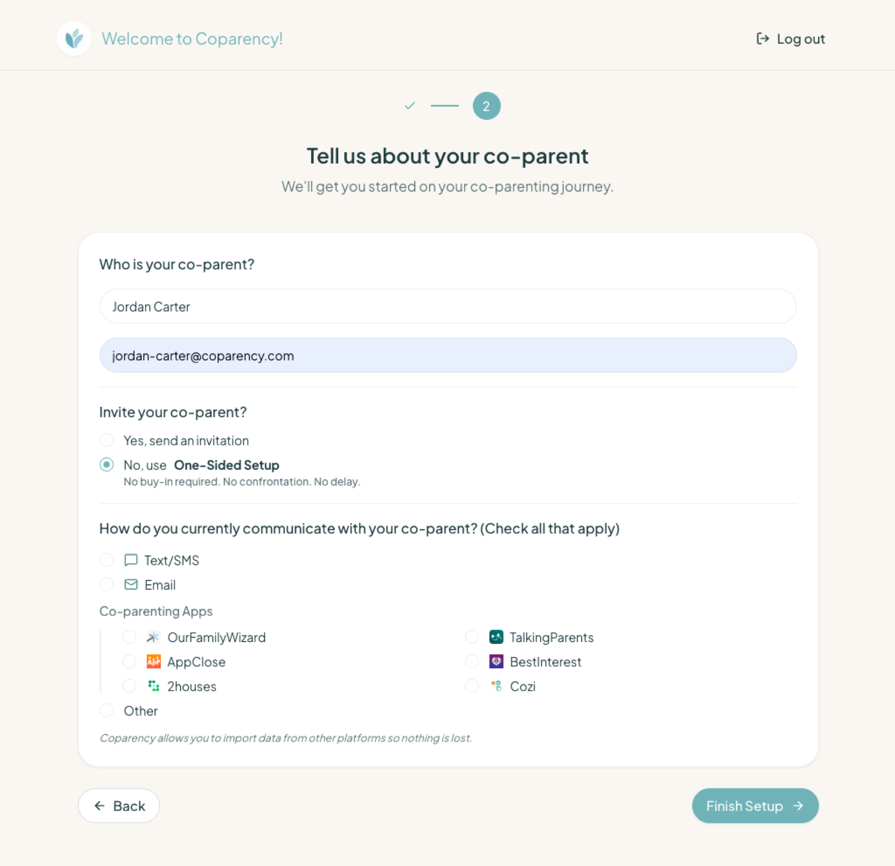 Coparency setup step — name your co-parent, choose 'No, use One-Sided Setup', and select how you currently communicate