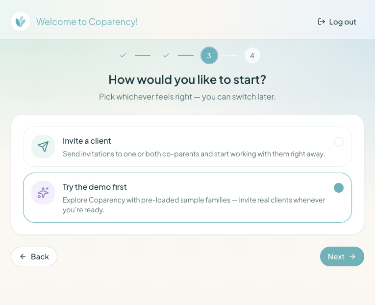 Coparency onboarding step for professionals — choosing how to start, with 'Try the demo first' selected to explore the app with pre-loaded sample families before inviting real clients